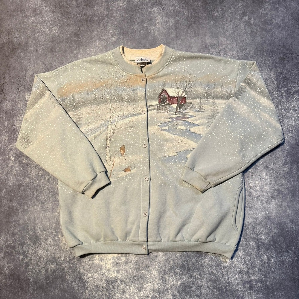 Vintage Artisans Sunschein Designs Winter Cabin Cottage Button Up Cardigan‎ XL
